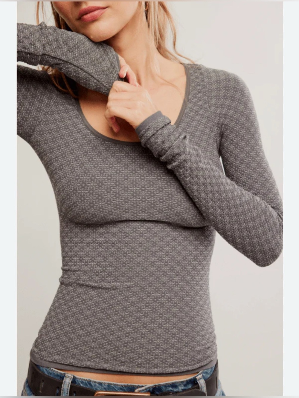Free People Love Letter Long Sleeve scoop neck top in textured gray knit